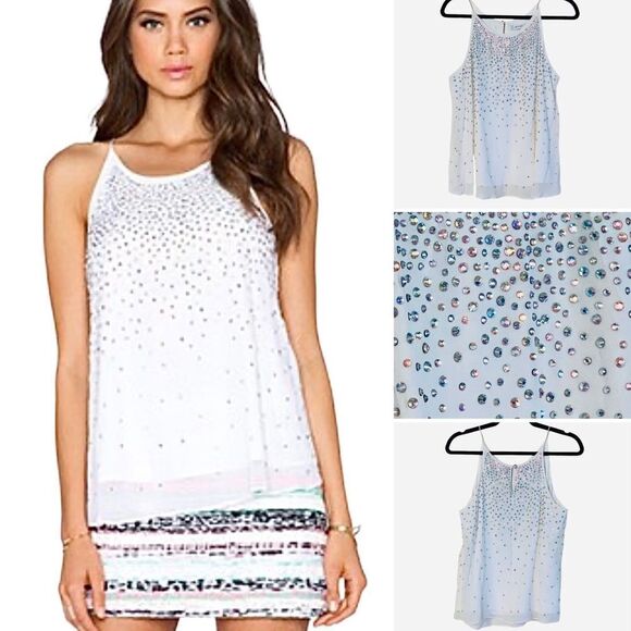 Milly x Revolve White Silk Flyaway Crystal Rhinestone Camisole Tank Top Sz S/4-6 - Picture 1 of 16